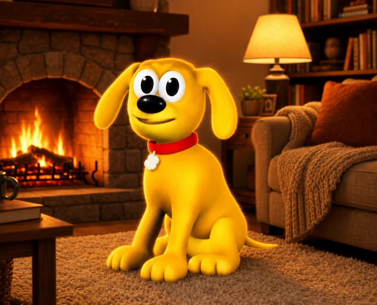 Rover sitting on a rug in a warm living room with a lit fireplace and bookshelves.