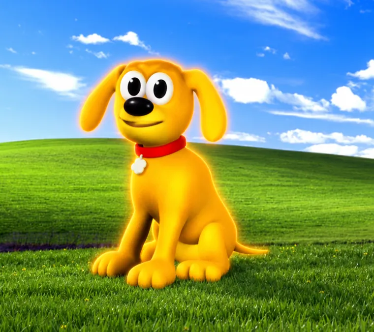 Rover sitting on a green hill under a blue sky with scattered clouds.