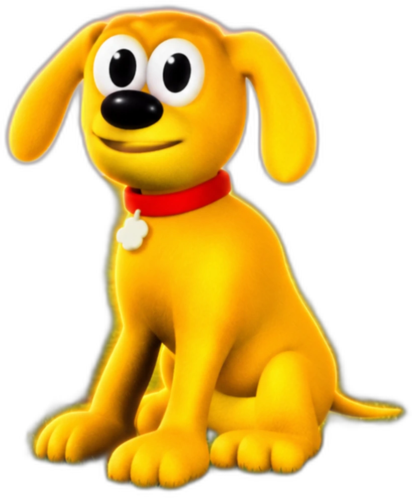 Rover, a friendly yellow cartoon dog with a red collar and a bone-shaped tag, sitting and looking up.